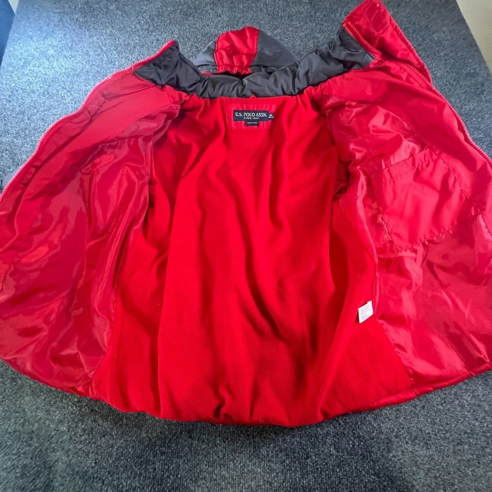 US Polo Assn Puffer Jacket Boys M 10\12 Red Black Hooded Fleece‎ Lined Pony Logo